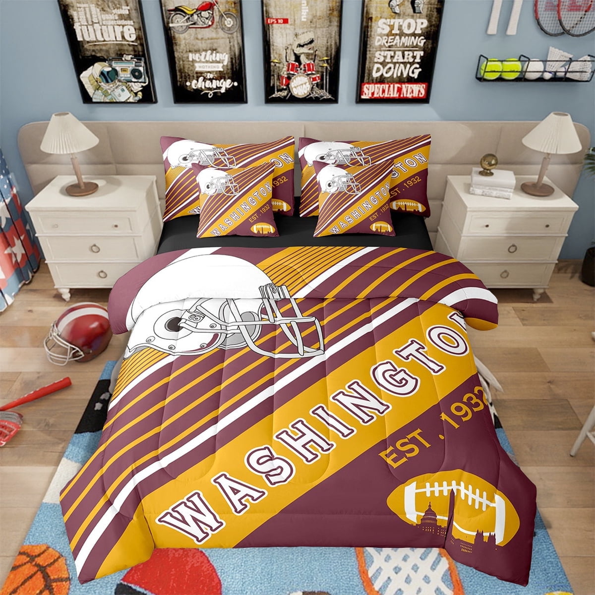 Tennis Theme Queen Bedding Set 7-Piece - Comforter, Sheets, Pillowcases & Throw Pillows