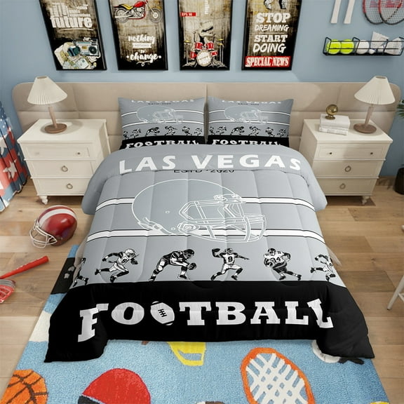 American Football Comforter Twin Size,Football Bedding Sets ,Grey Black White Sports Comforter Sets,Football City Team Duvet Insert with 1 Pillowcase(Las Vegas)