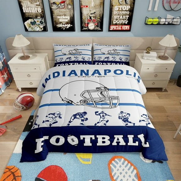 American Football Comforter Twin Size,Football Bedding Sets ,Grey Blue Sports Comforter Sets,Football City Team Duvet Insert with 1 Pillowcase All Season(Indianapolis)