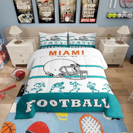 American Football Comforter Twin Size,Football Bedding Sets ,White Blue Orange Sports Comforter Sets,Football City Team Duvet Insert with 1 Pillowcase(Miami)