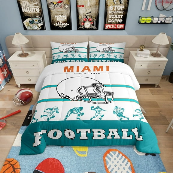 American Football Comforter Twin Size,Football Bedding Sets ,White Blue Orange Sports Comforter Sets,Football City Team Duvet Insert with 1 Pillowcase(Miami)