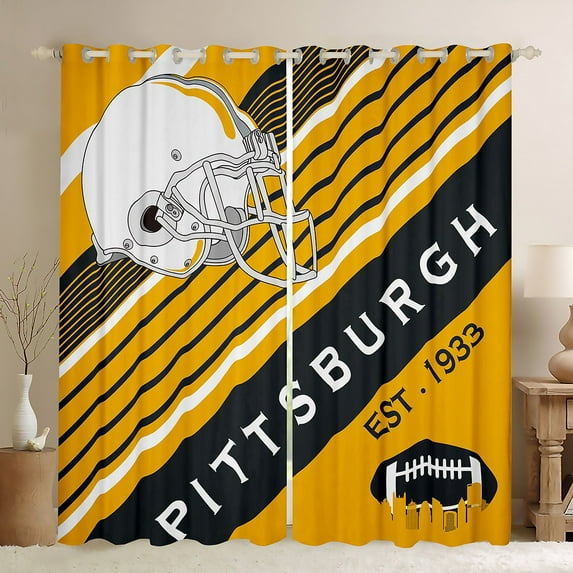 American Football Curtains Rugby Decor Sports Game 30%-50% Blackout Curtains,American Football City Curtains & Drapes Yellow and Black Geometry Striped Window Curtains 42Wx90L (Pittsburgh)
