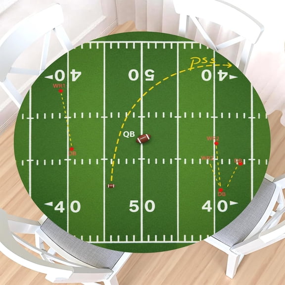 American Football Field Round Fitted Tablecloth with Elastic Edge,Waterproof Wipeable Rugby Ball Green Grass Sport Themed Table Cover for 40-44" Stretch Table Cloth for Dinner Indoor Outdoor Party