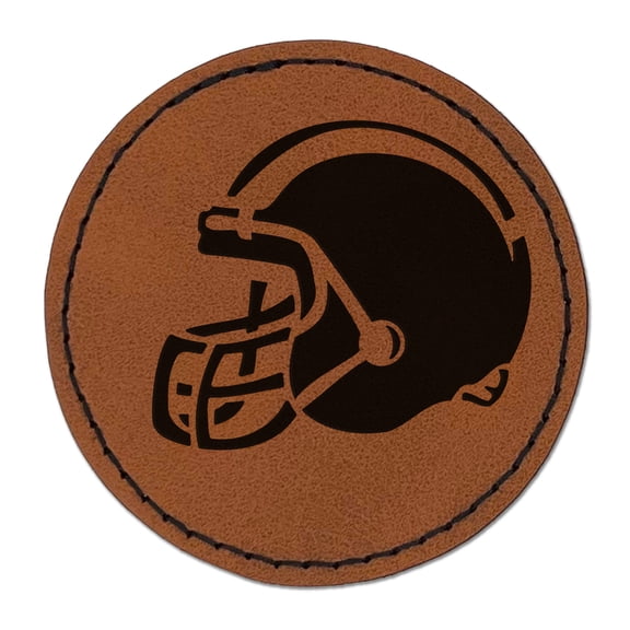 American Football Helmet Sports 2.5" Faux Leather Round Engraved Iron-On Patch - Brown