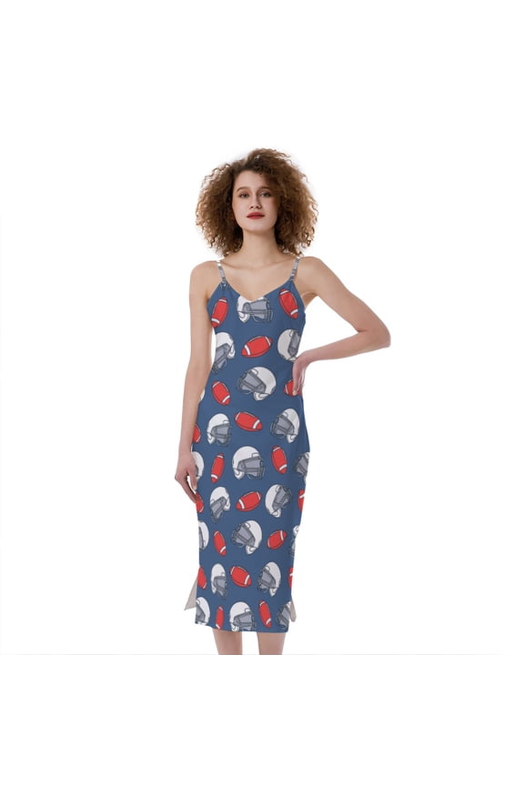American Football Pattern Print Slim Fit Midi Cami Dress, American Flag Fashion Summer Maxi Sexy Casual Dress For Women. Gifts For Us Independence Day, 4Th Of July