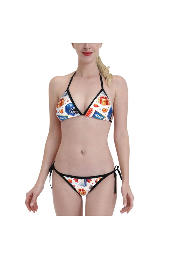 American Football Pattern Women's Bikini Set Two Piece Swimsuit Triangle Bathing Suit Adjustable Beach Swimwear