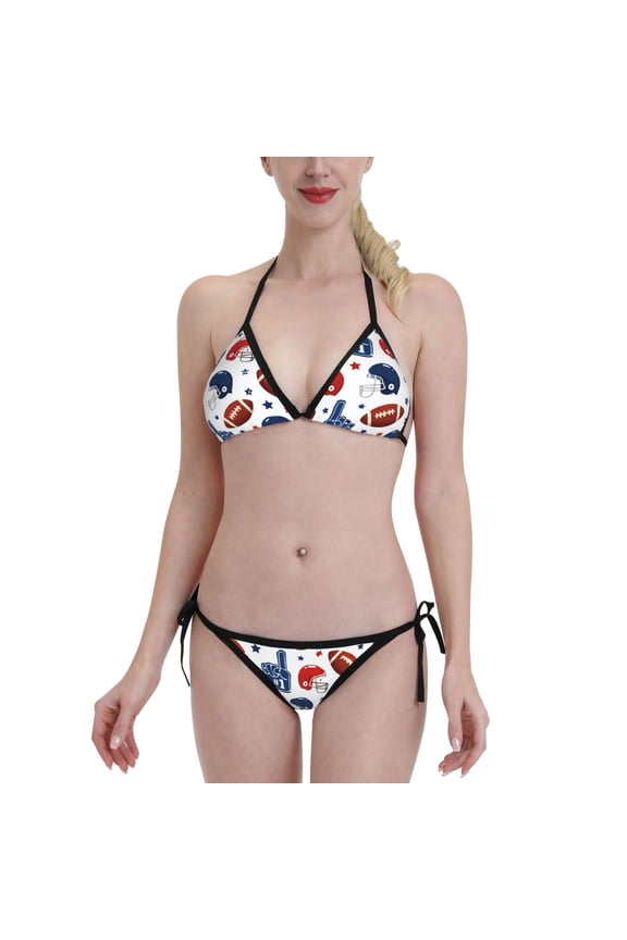 American Football Pattern Women's Bikini Set Two Piece Swimsuit Triangle Bathing Suit Adjustable Beach Swimwear