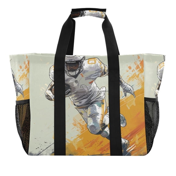 American Football Player Reusable Grocery Bags with Handle Side Pocket Waterproof Shopping Portable Tote