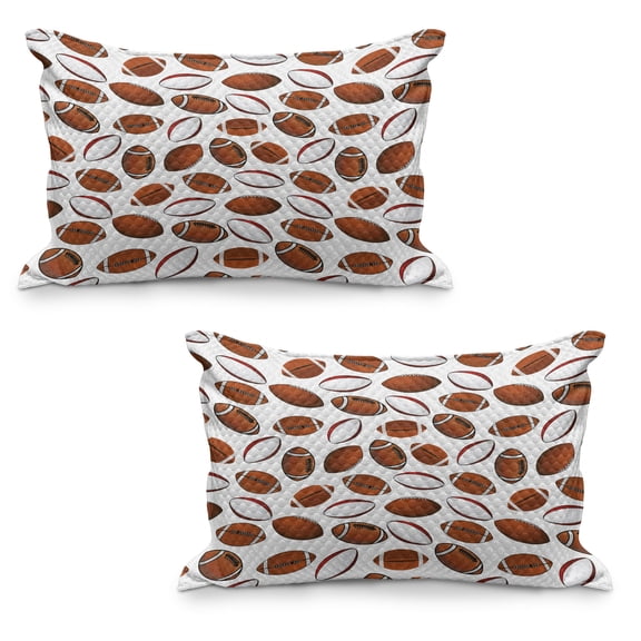 American Football Quilted Pillowcover Set of 2, Classic Design Rugby Balls in Cartoon Style Sports Competition, Standard Queen Size Pillow Cover Bedroom, 30" x 20", Caramel Ruby White, by Ambesonne