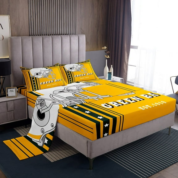American Football Sheets Twin, Football Game Bed Sheets Set Youth American Football City Style Sheet Set, Yellow Black And White Helmet Bedding Set (Green Bay)