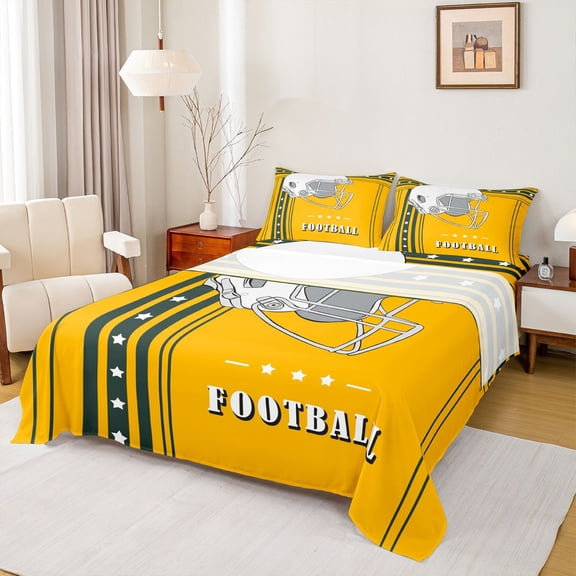 American Football Sheets Twin, Football Game Bed Sheets Set Youth American Football City Style Sheet Set, Yellow Black And White Helmet Bedding Set (Green Bay)