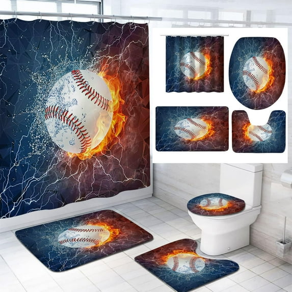 American Football Shower Curtain Set for Bathroom Decor Bath Curtains with Rugs, Sports Theme with Water Flame Splashing Thunder Lightning Bath Curtains Bathroom Set, 72x72 inch