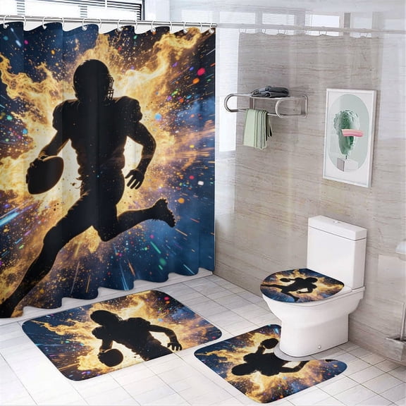 American Football Shower Curtain Set Dynamic Fire Splash Style Bathroom 4-Piece Set