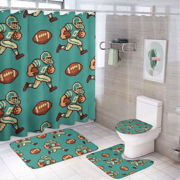 American Football Shower Curtain Set Pixel Art Style Bathroom 4-Piece Set