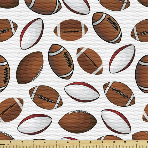 American Football Sofa Upholstery Fabric by the Yard, Classic Design Rugby Balls in Cartoon Style Sports Competition, Decorative Fabric for DIY & Home Accents, 2 Yards, Caramel Ruby White by Ambesonne