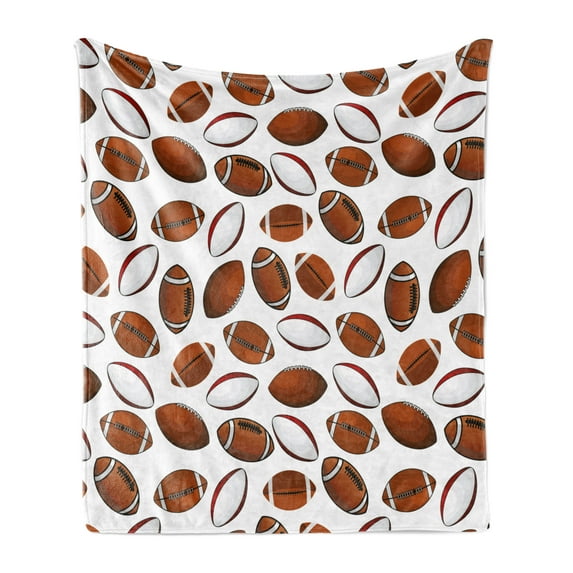 American Football Soft Flannel Fleece Throw Blanket, Classic Design Rugby Balls in Cartoon Style Sports Competition, Cozy Plush for Indoor and Outdoor Use, 50" x 70", Caramel Ruby White, by Ambesonne