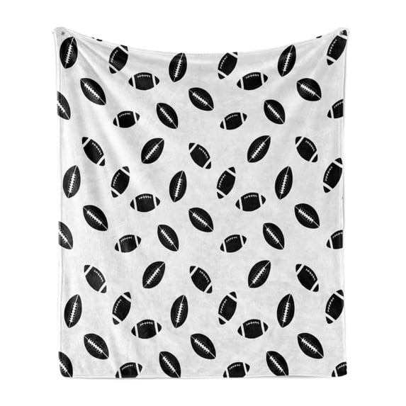 American Football Soft Flannel Fleece Throw Blanket, Monochrome Pattern Rugby Balls US Culture Sports Play, Cozy Plush for Indoor and Outdoor Use, 60" x 80", Black White, by Ambesonne