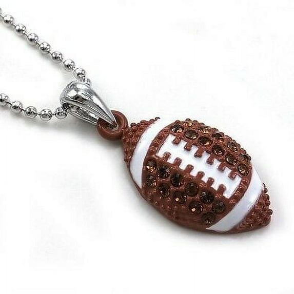 American Football Sports Pendant Necklace Silver Tone Brown Stone Enamel Jewelry