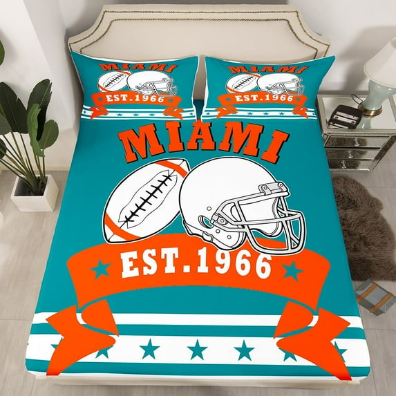 American Football Style Bedding Sets, 3D Sports Football Game Fitted Sheet American Football City Themed Full Bed Sheets, Orange And Teal Sheets For Sports Fans Gifts (Miami) (No Top Sheet)
