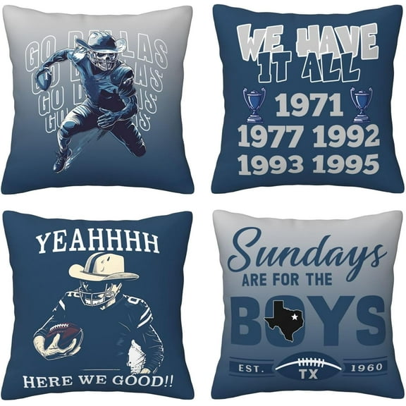 American Football Throw Pillow Covers - Sport Team Decor Set of 4 Pillowcases - 18"X18" for Sofa, Bed, Couch, Car