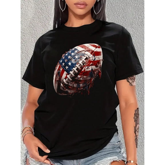 American Football Us Flag T-Shirt Print Crew Neck T-Shirt, Women Graphic T Shirts, Casual Short Sleeve T-Shirt For Spring & Summer, Women's Clothing