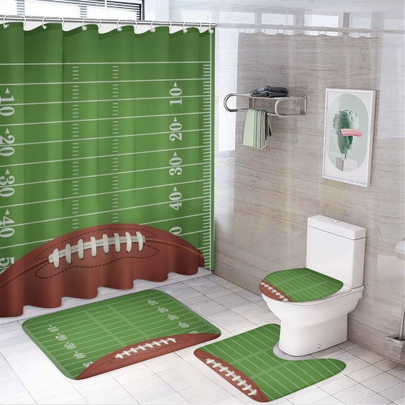 American Football on Field Shower Curtain Sets Non-Slip Rugs Bath Mat Toilet Cover U Shaped Mat 4 Pcs