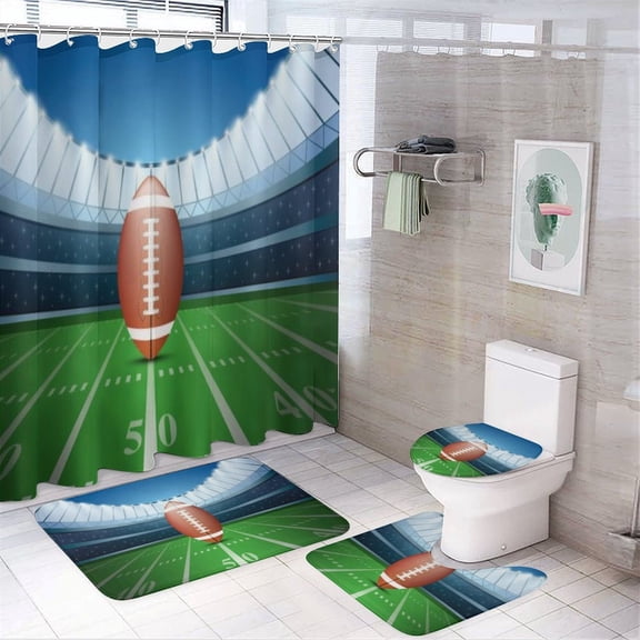 American Football on Field Shower Curtain Sets Non-Slip Rugs Bath Mat Toilet Cover U Shaped Mat 4 Pcs