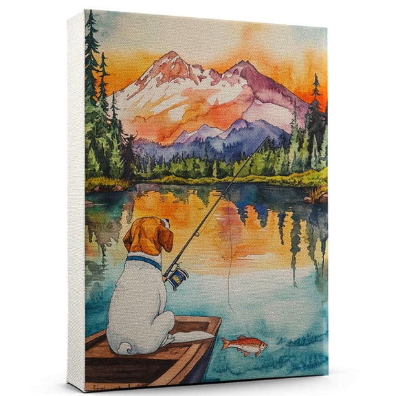 American Foxhound Dog Canvas Canvas Fishing Theme Dog Art for Wall, American Foxhound Dog Playing Fishing Wall Art, Dog Lover Canvas Decor