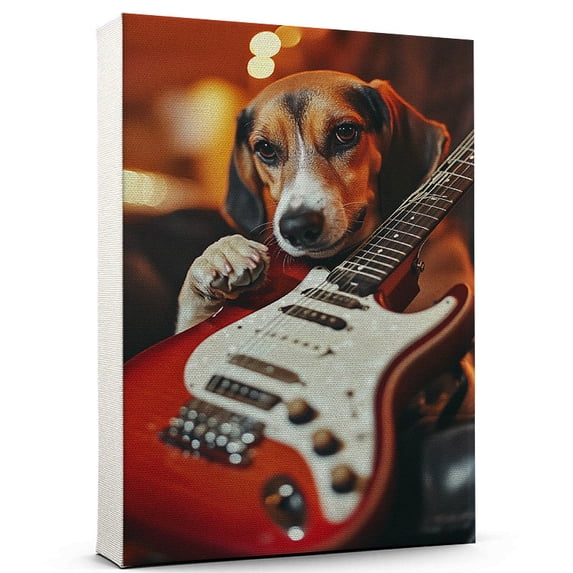 American Foxhound Dog Playing Electric Guitar Wall Canvas Size 8x12 – American Foxhound Canvas Art for Dog Lovers, Electric Guitar Canvas Wall Decor