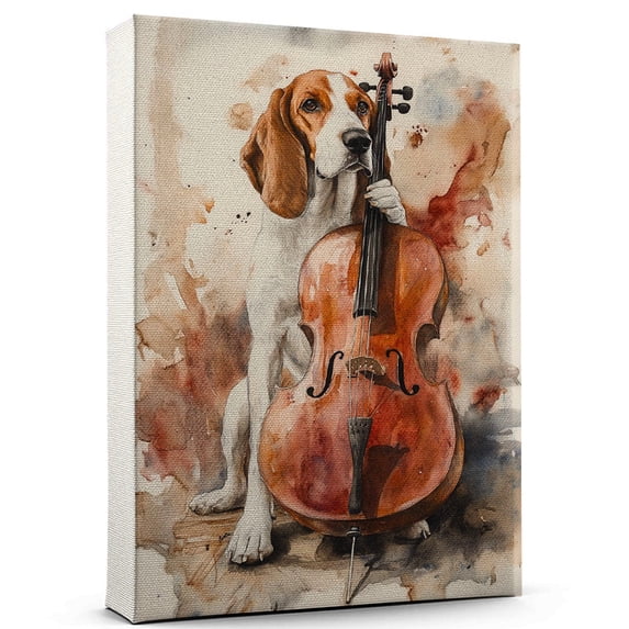 American Foxhound Dog Stretched Canvas Size 8x12 – Cello Theme Dog Art for Wall, American Foxhound Dog Playing Cello Wall Art, Dog Lover Canvas Decor
