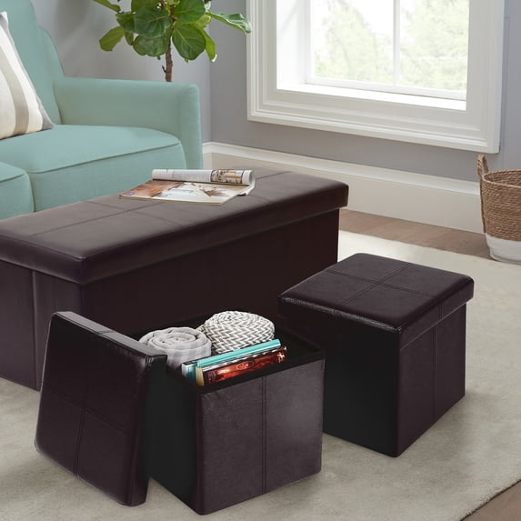 American Furniture Classics 514 3 pc Foldable Storage Bench w/ 2 Ottomans Brown