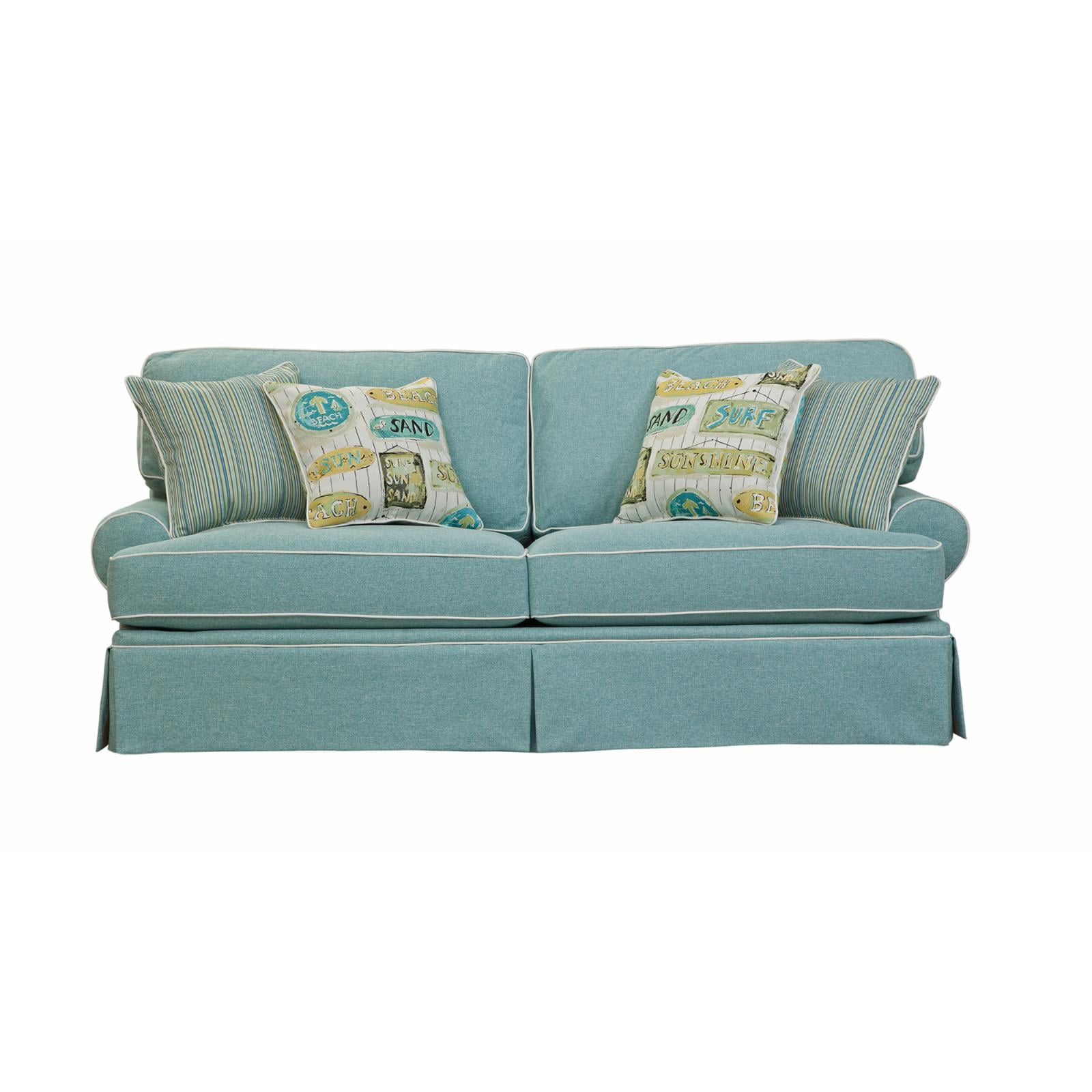 Aqua Linen Round Arm Sofa with Coastal Pillows