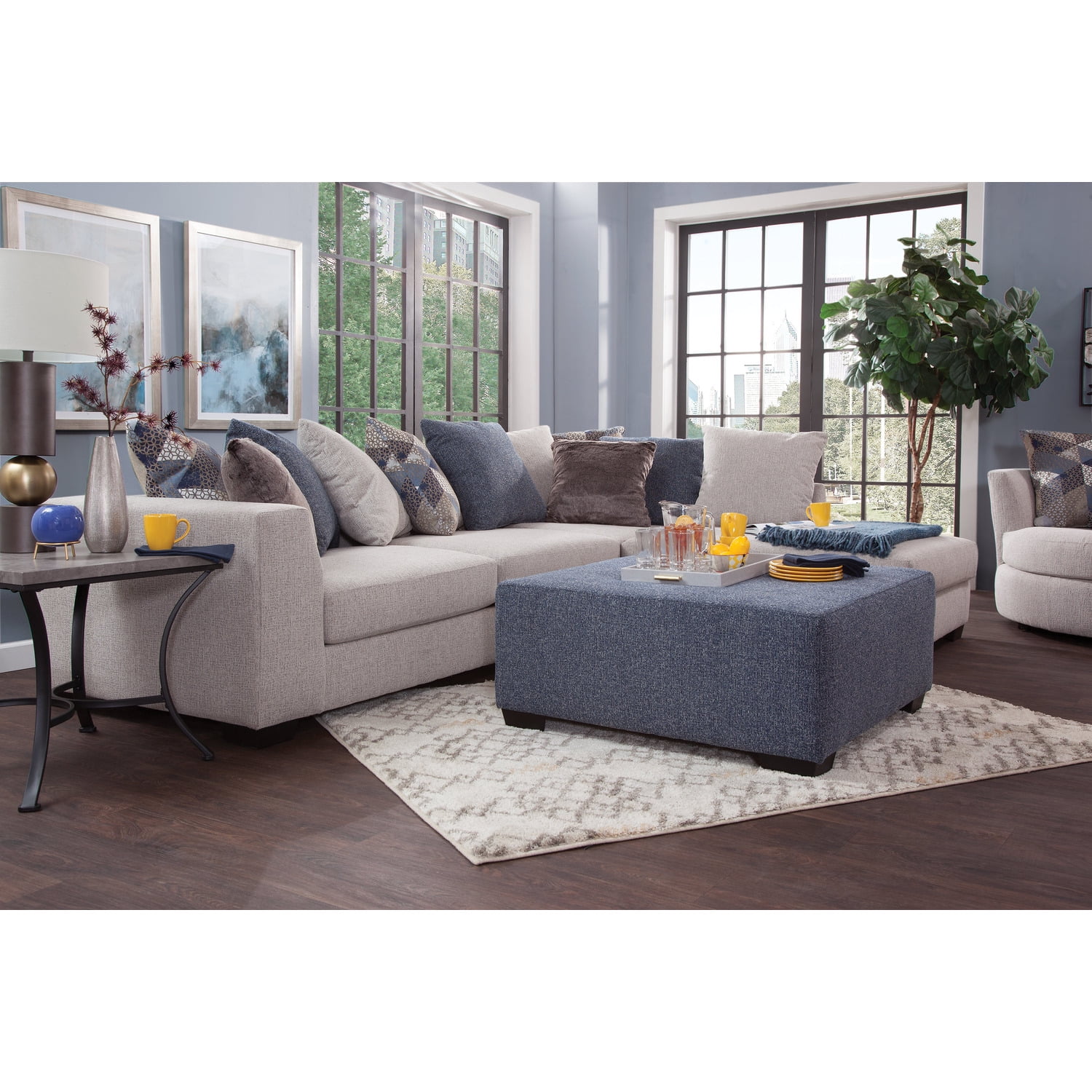 Ivory and Blue Two-Piece Fabric Sectional Sofa with Chaise