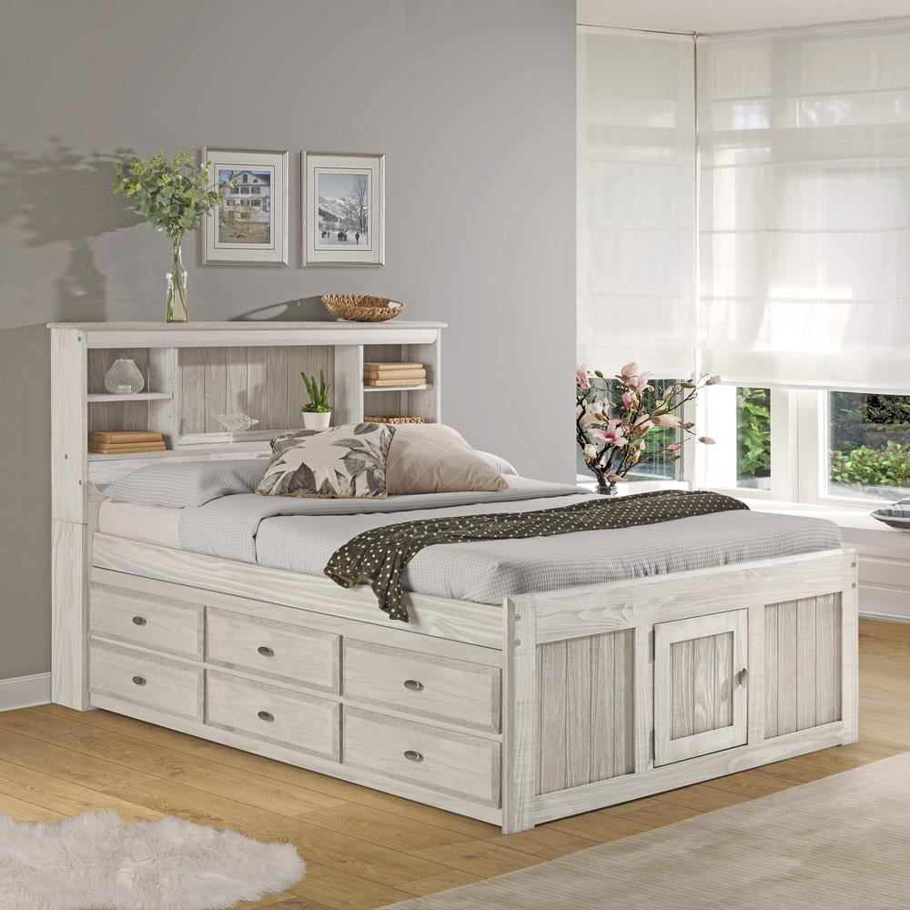 Light Ash Full Size Solid Pine Captain's Bed with Bookcase and Storage Drawers