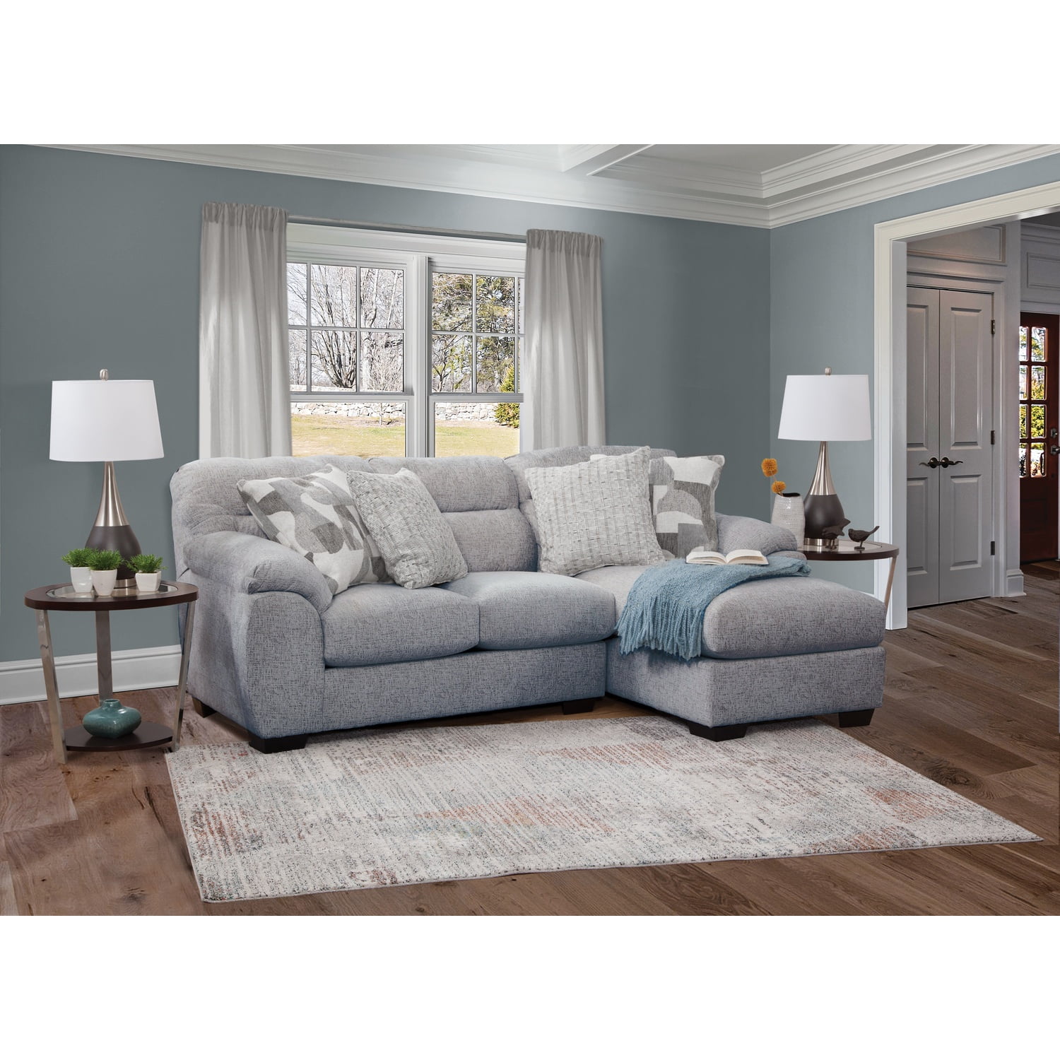 Cabral Slate Chenille L-Shaped Sectional Sofa with Pillows