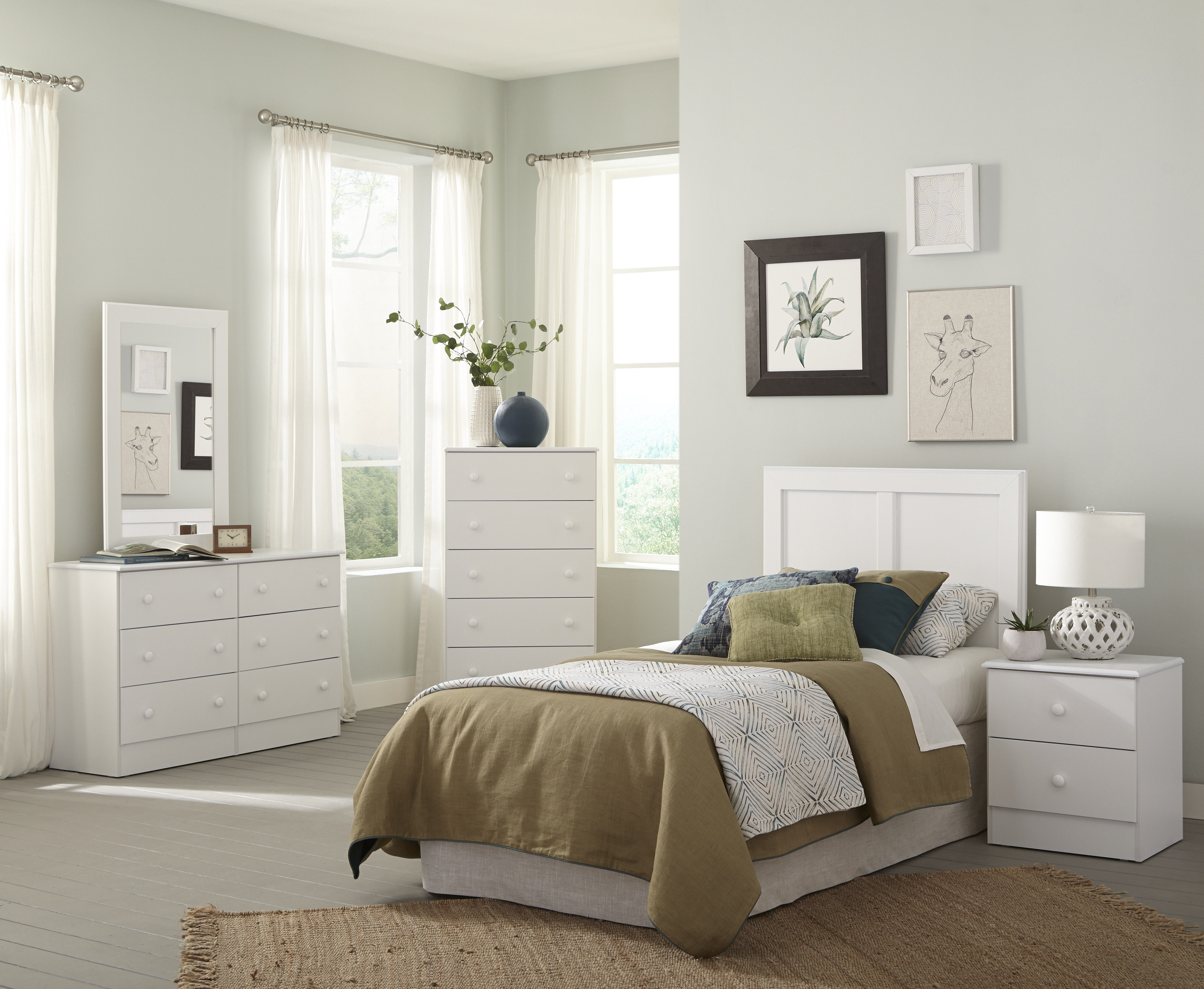 American Furniture Classics Classic White Collection 193K5T Five Piece White Bedroom set including Twin Headboard, Five Drawer Chest, Six Drawer Dresser, Mirror, and Night Stand. - image 1 of 8