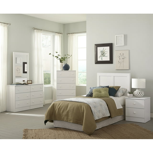 American Furniture Classics Classic White Collection 193K5T Five Piece White Bedroom set including Twin Headboard, Five Drawer Chest, Six Drawer Dresser, Mirror, and Night Stand.