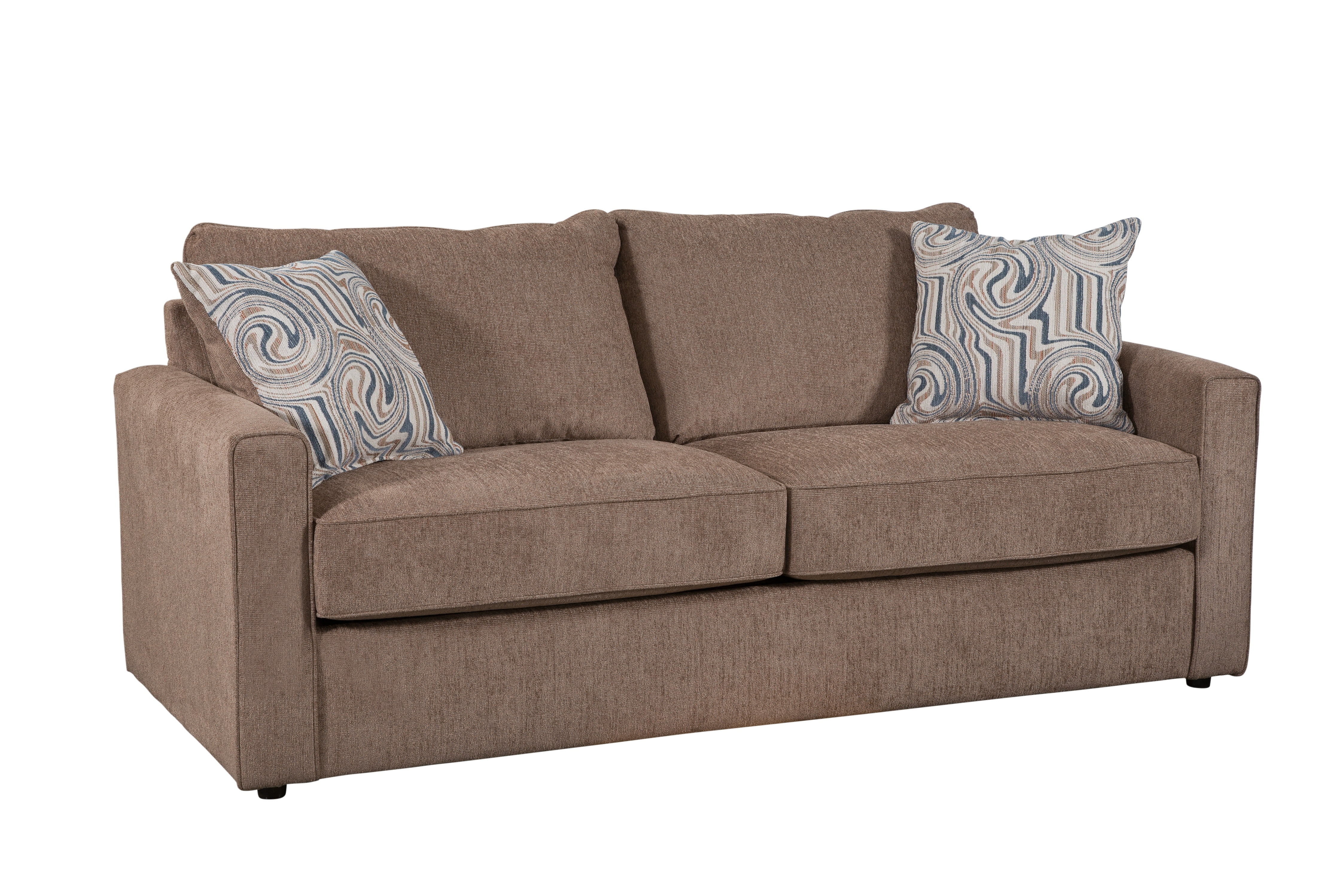 Latte Brown Chenille Sofa with Swirl Accent Pillows