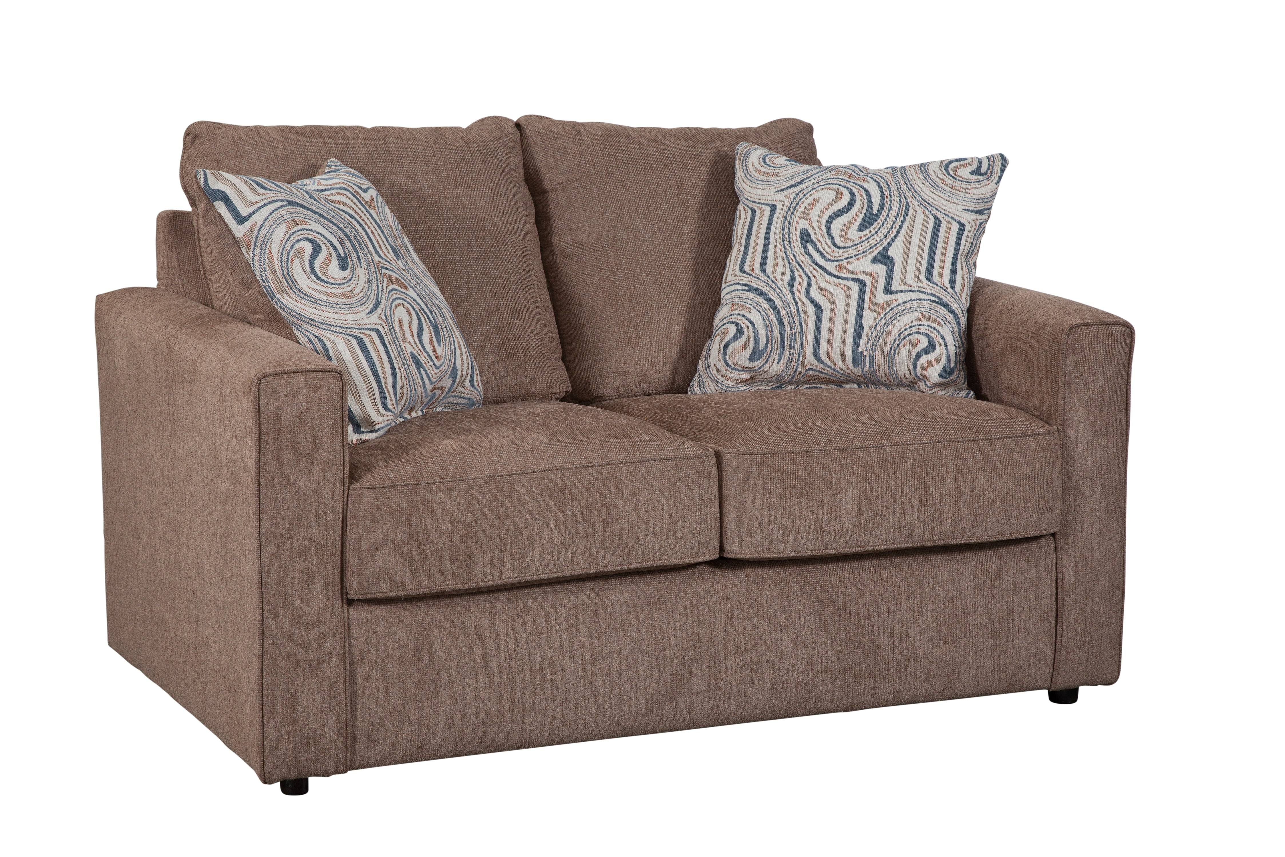 Latte Brown Chenille Fabric Loveseat with Track Arms and Throw Pillows