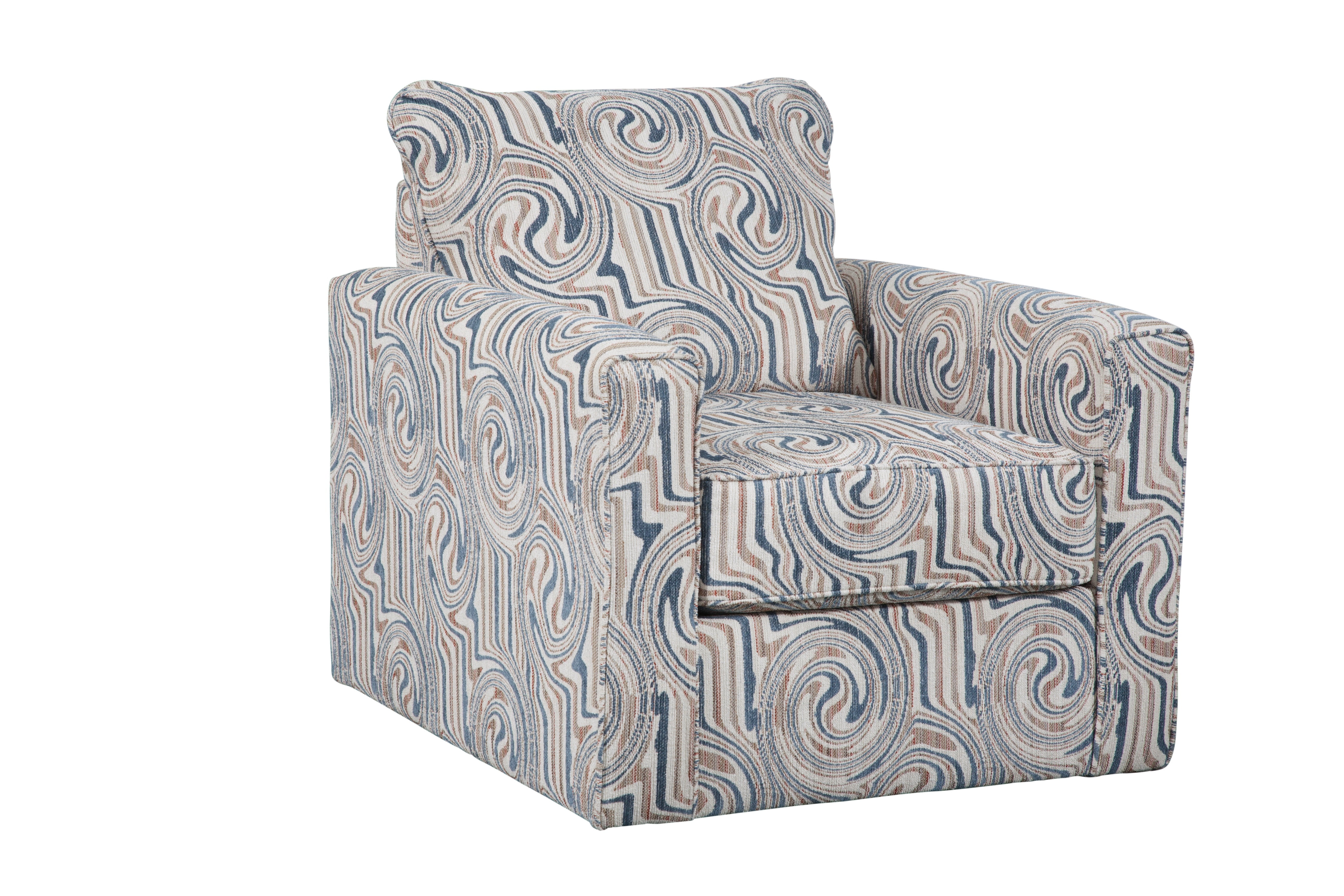 Ivory and Aquamarine Swirl Pattern Swivel Accent Chair