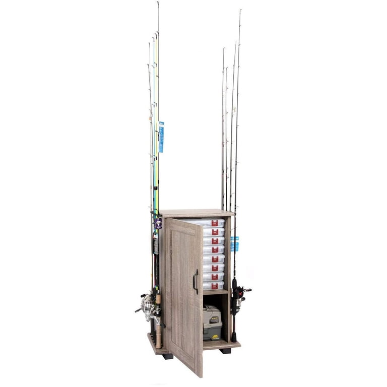fishing rod holder cabinet Holders for Garage, Fishing Gear and Tackle Storage Cabinet, Pole Rod Rack Hold up to 12 Rods, 4 Tier Fishing Tackle Storage Organizer Rack, Fishing Gifts for Men (12 pending removable insert technology PeBro Fishing Pole Holders, Fishing