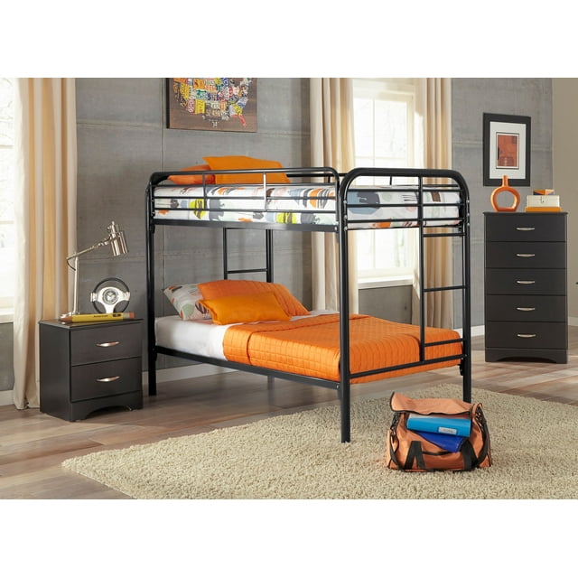 American Furniture Classics Jacob Collection 115K3TT Three Piece Black Bedroom set with attractive metal pulls including Twin over Twin Metal Bunkbed, Night Stand, and Five Drawer Chest