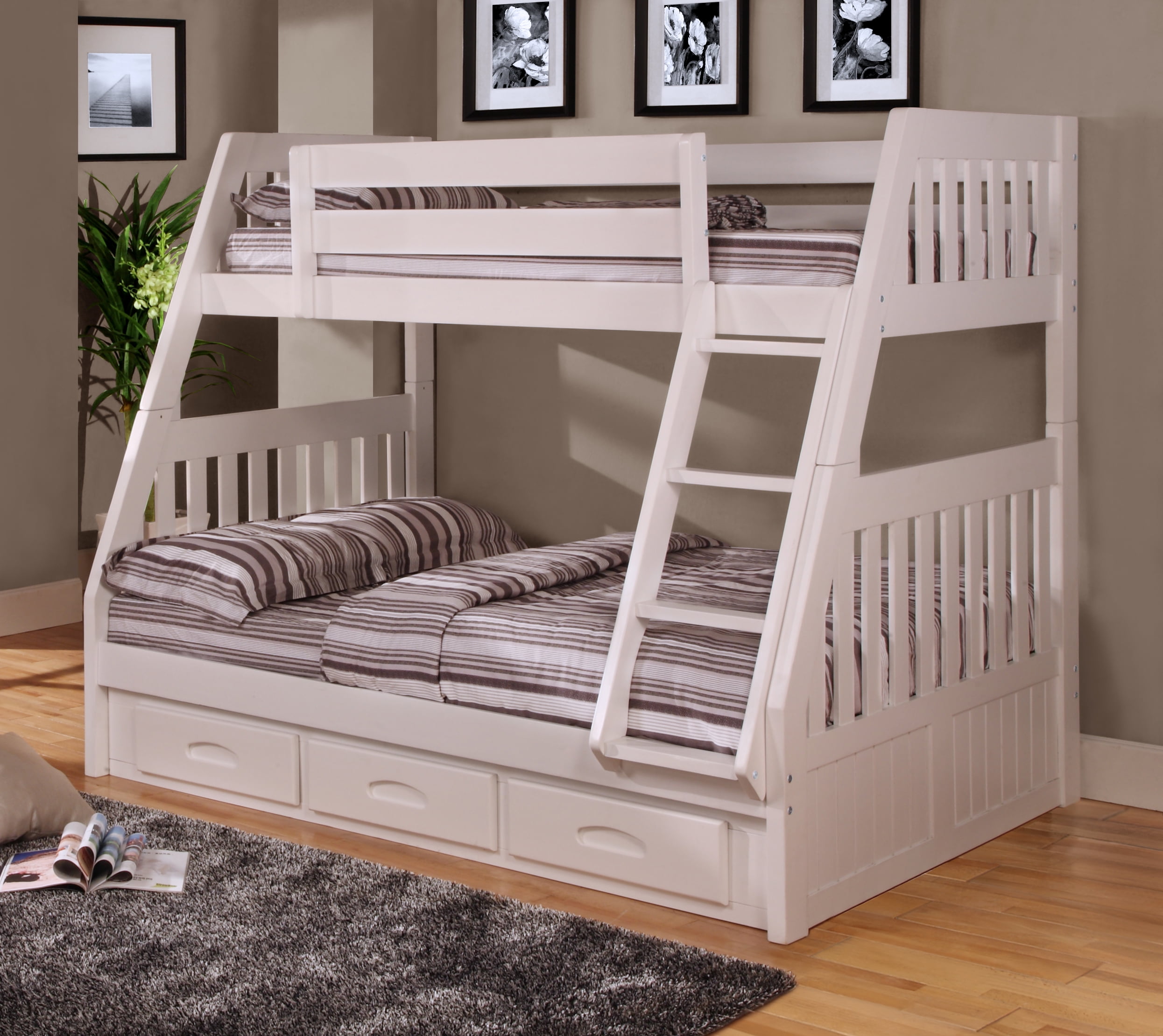 American Furniture Classics Model 0218 TFW Solid Pine Twin Full Bunk Bed with Three Drawers in White