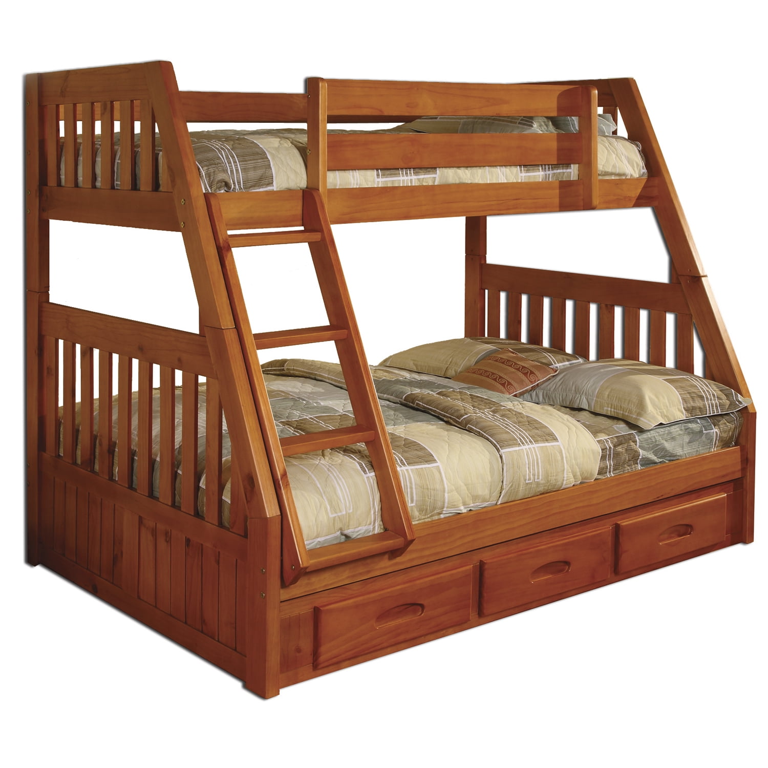 Harriet Bee Queen Size Wood Bunk Bed with Ladder and Twin XL Trundle,  Space-Saving Solid Pine Frame, Wood Color | Wayfair, image size:1500x1500