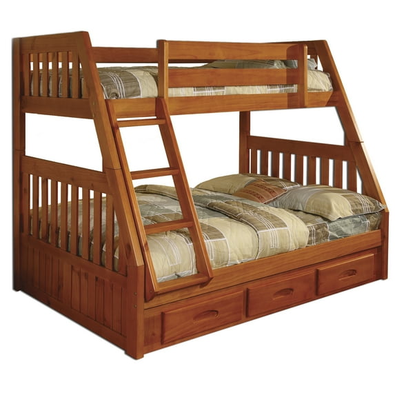 American Furniture Classics Model 2118-TFH, Solid Pine Mission Staircase Twin/Full Bunk Bed with Three Drawers in Honey
