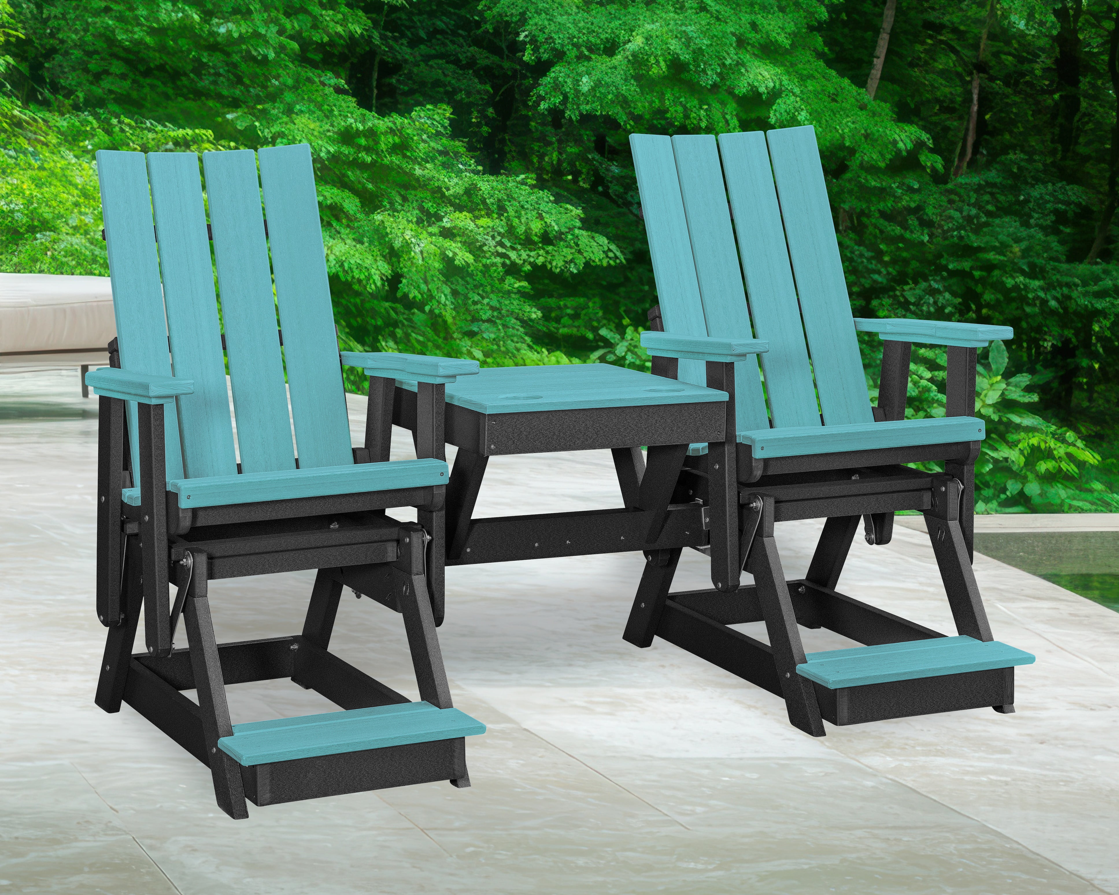American Furniture Classics Model 416ARB-K Brandon Double Balcony Height Glider with Center Table in Aruba Blue on a Black Base