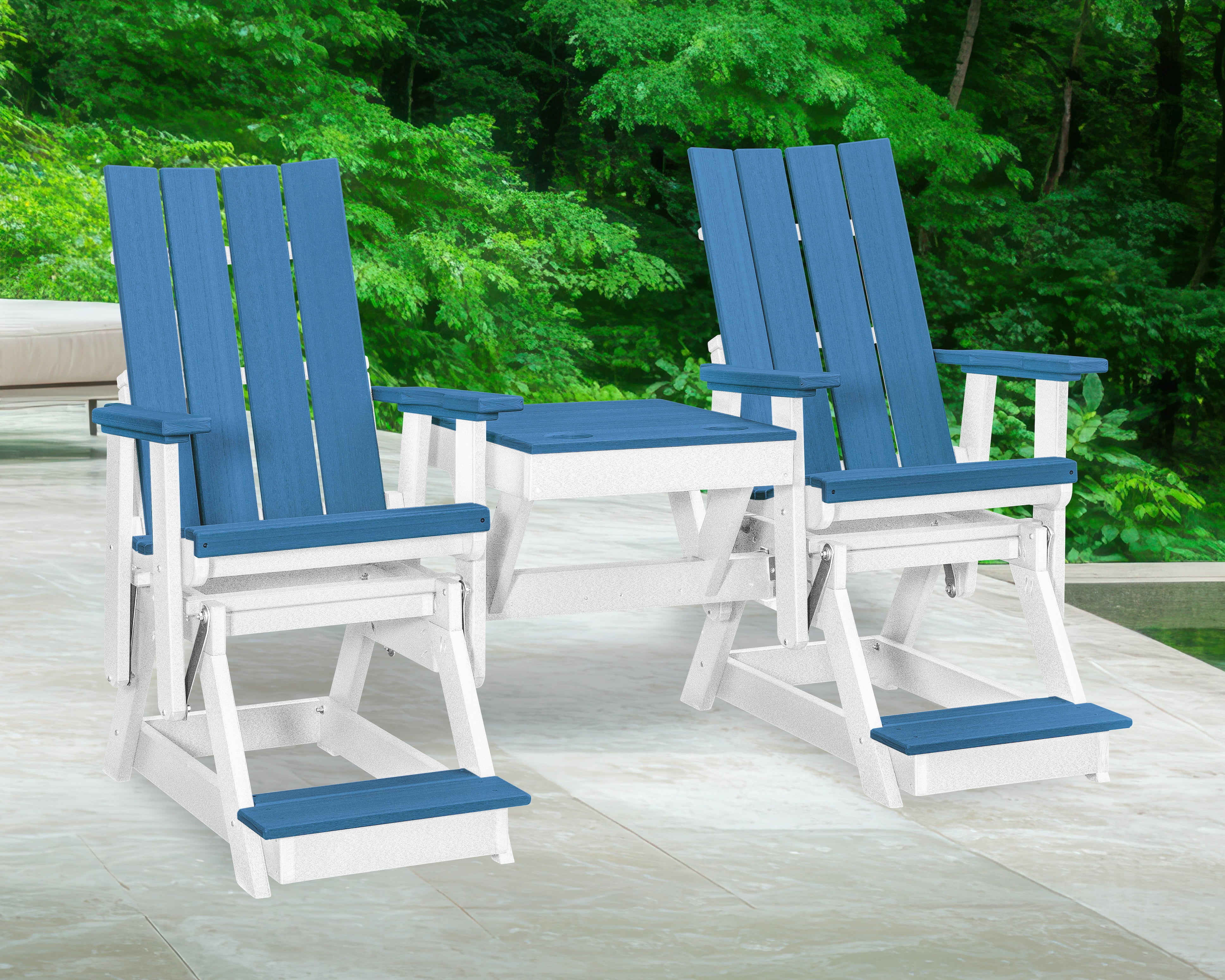 American Furniture Classics Model 416BW-K Brandon Double Balcony Height Glider with Center Table in Blue on a White Base