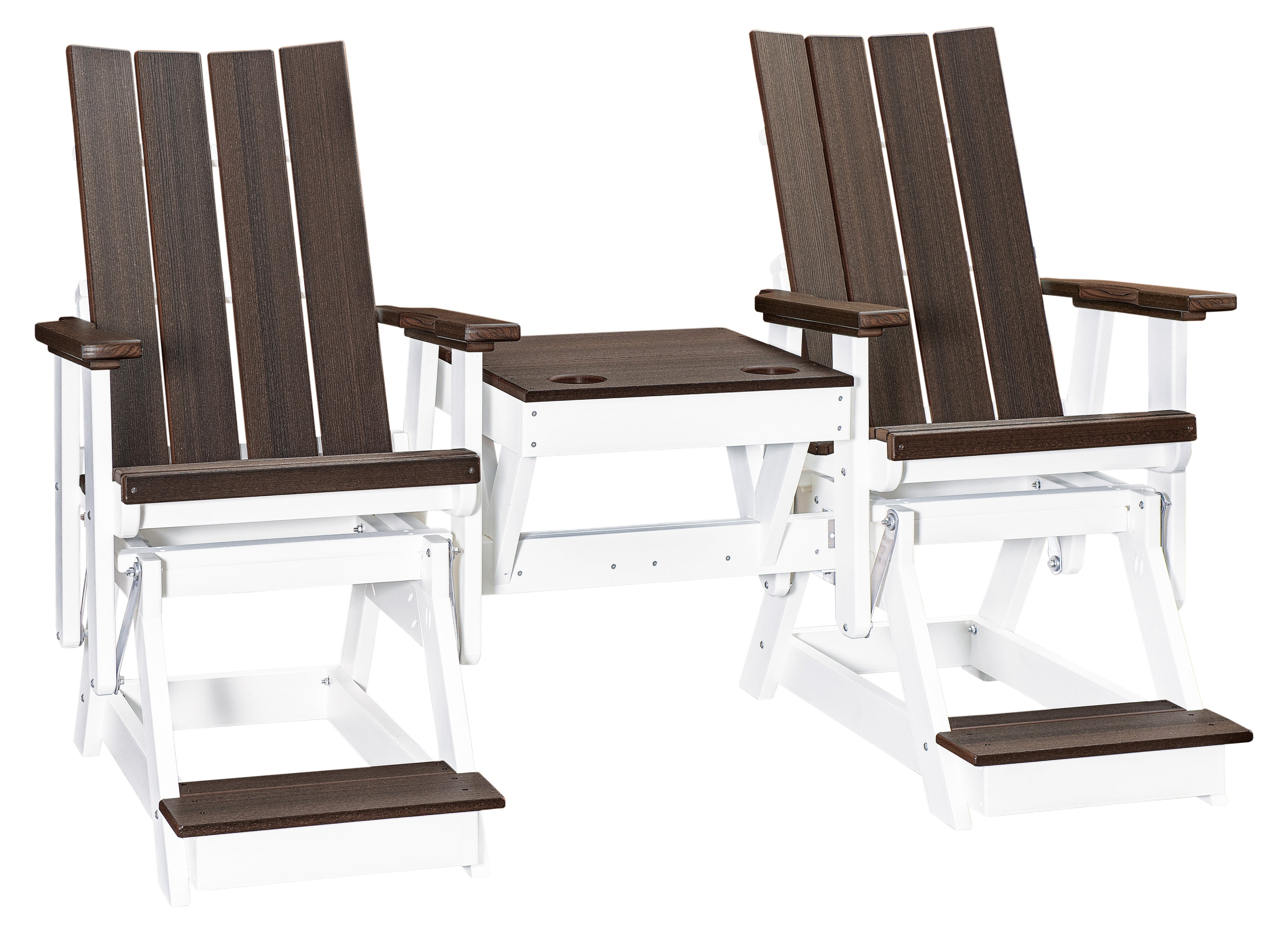 American Furniture Classics Model 416BZWT-K Brandon Balcony Height Double Glider with Center Table in Brazilian Walnut on a White Base