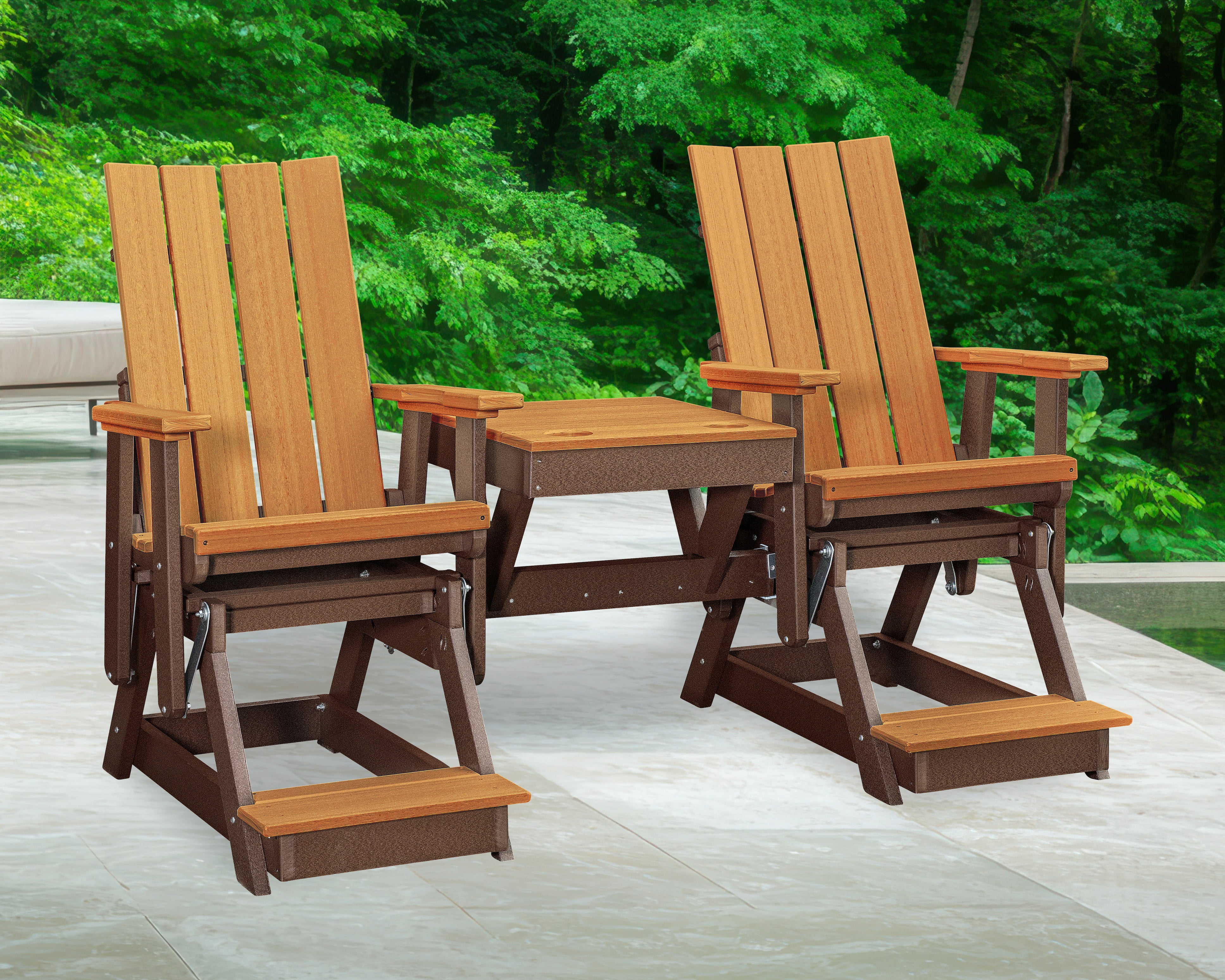 American Furniture Classics Model 416CTB-K Brandon Double Balcony Height Glider with Center Table in Cedar on a Tudor Brown Base