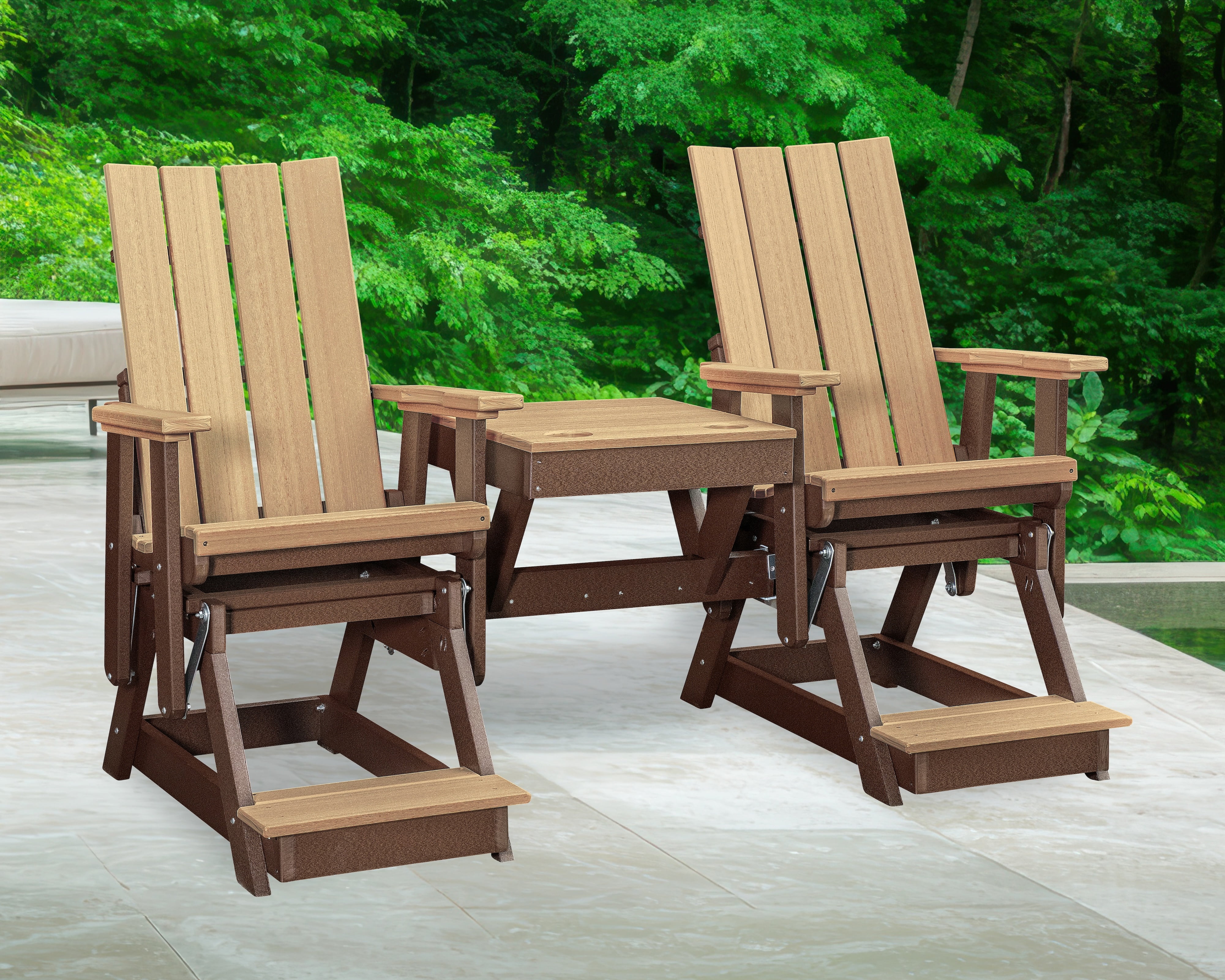 American Furniture Classics Model 416WWTB-K Brandon Double Balcony Height Glider with Center Table in Weatherwood on a Tudor Brown Base